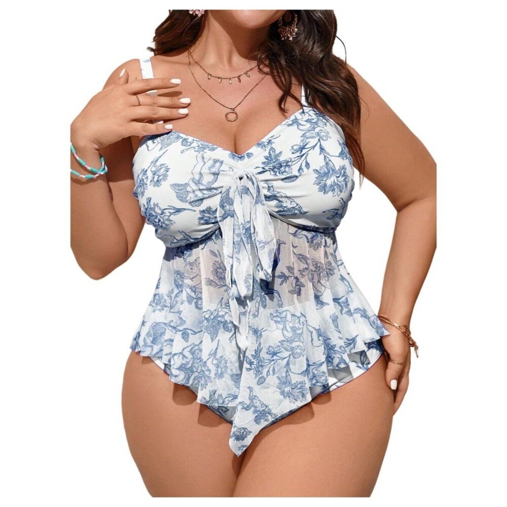 Floerns Women's Plus Size Tankini Set Floral Ruffle Hem Knot Front High Waisted